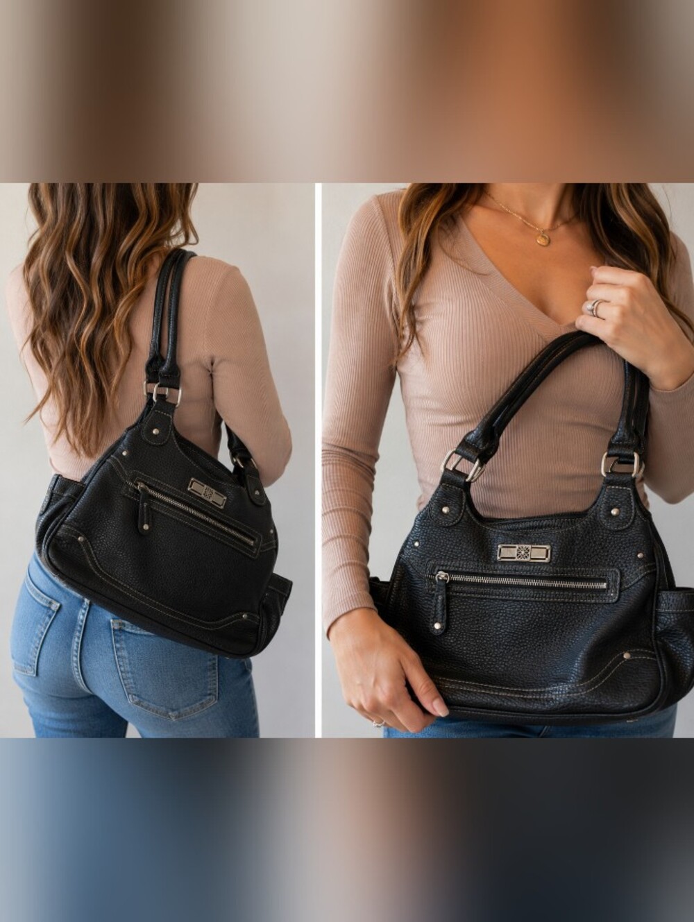 black pebbled faux leather handbag silver hardware multi pocket shoulder bag